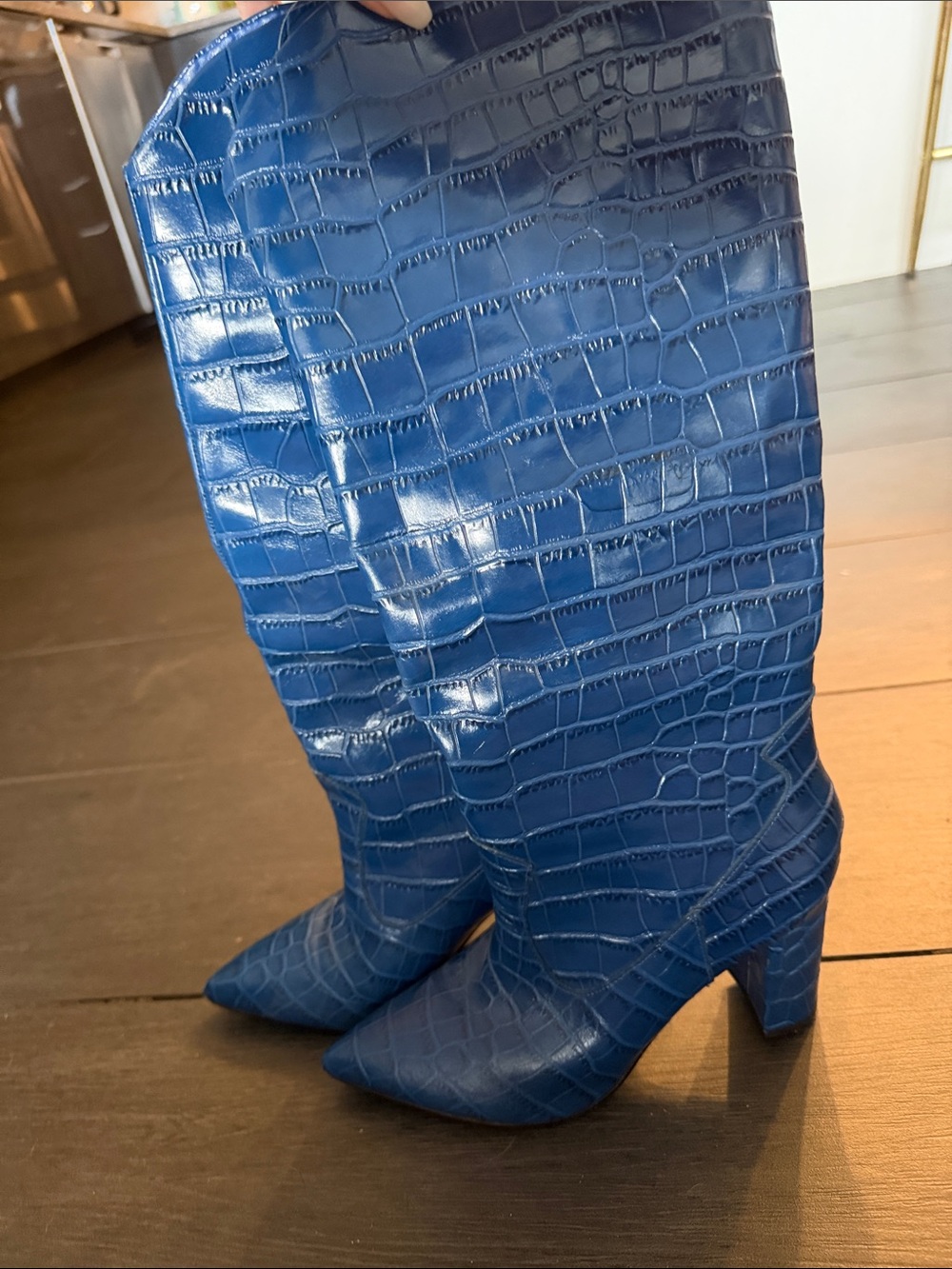 MARC FISHER Blue Croc-Embossed Pointed-Toe Knee Boots